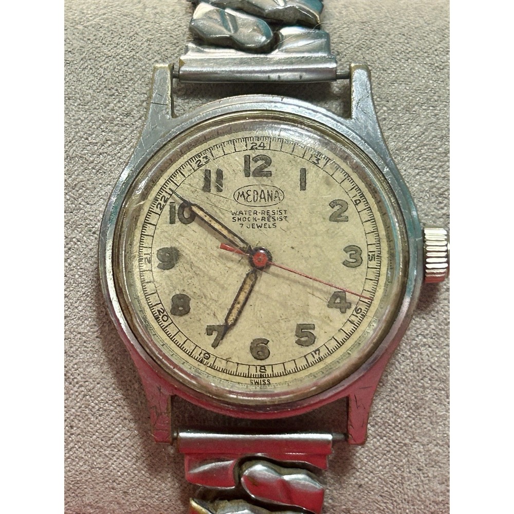Vintage Medana Mens Military Field Watch Swiss Hand Wind 7 Jewels Working